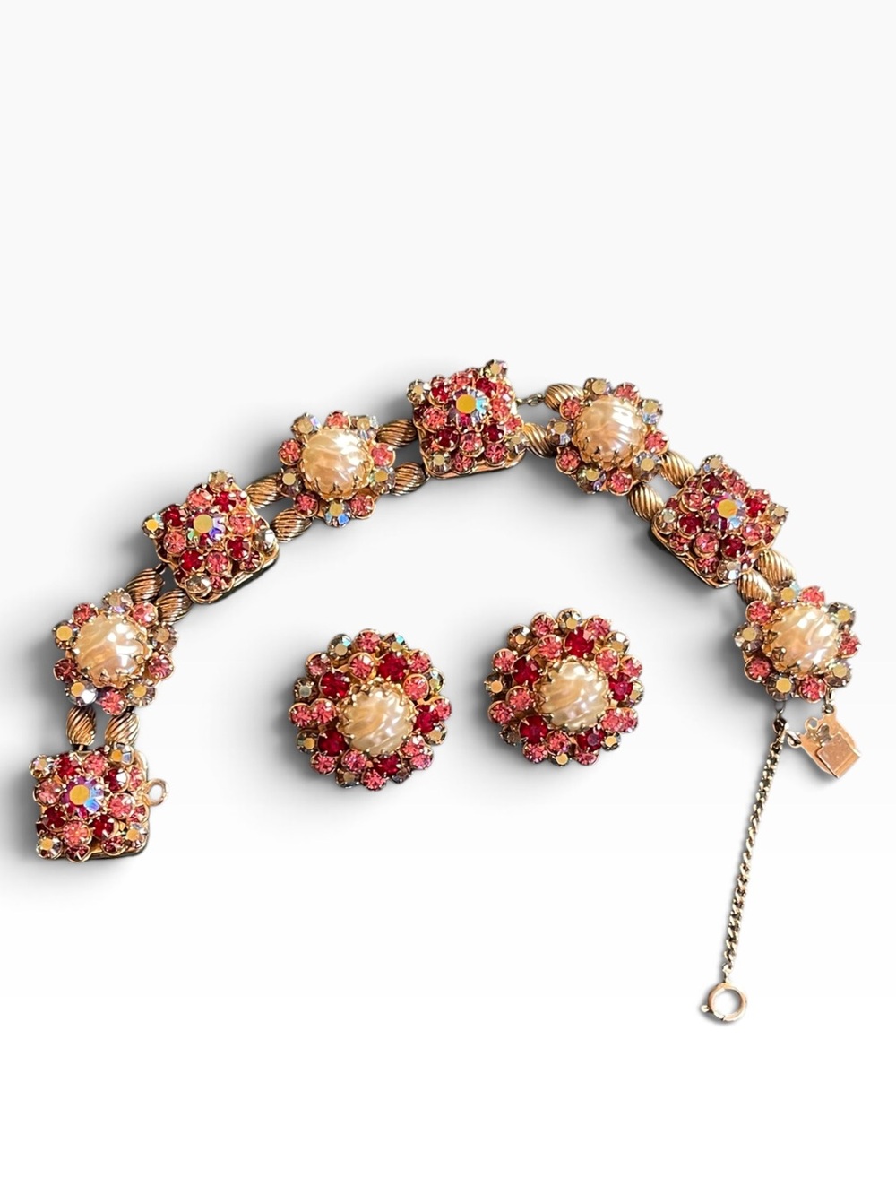High-End Vintage Red & Pink Aurora Borealis Rhinestone Faux Pearl Demi-Parure